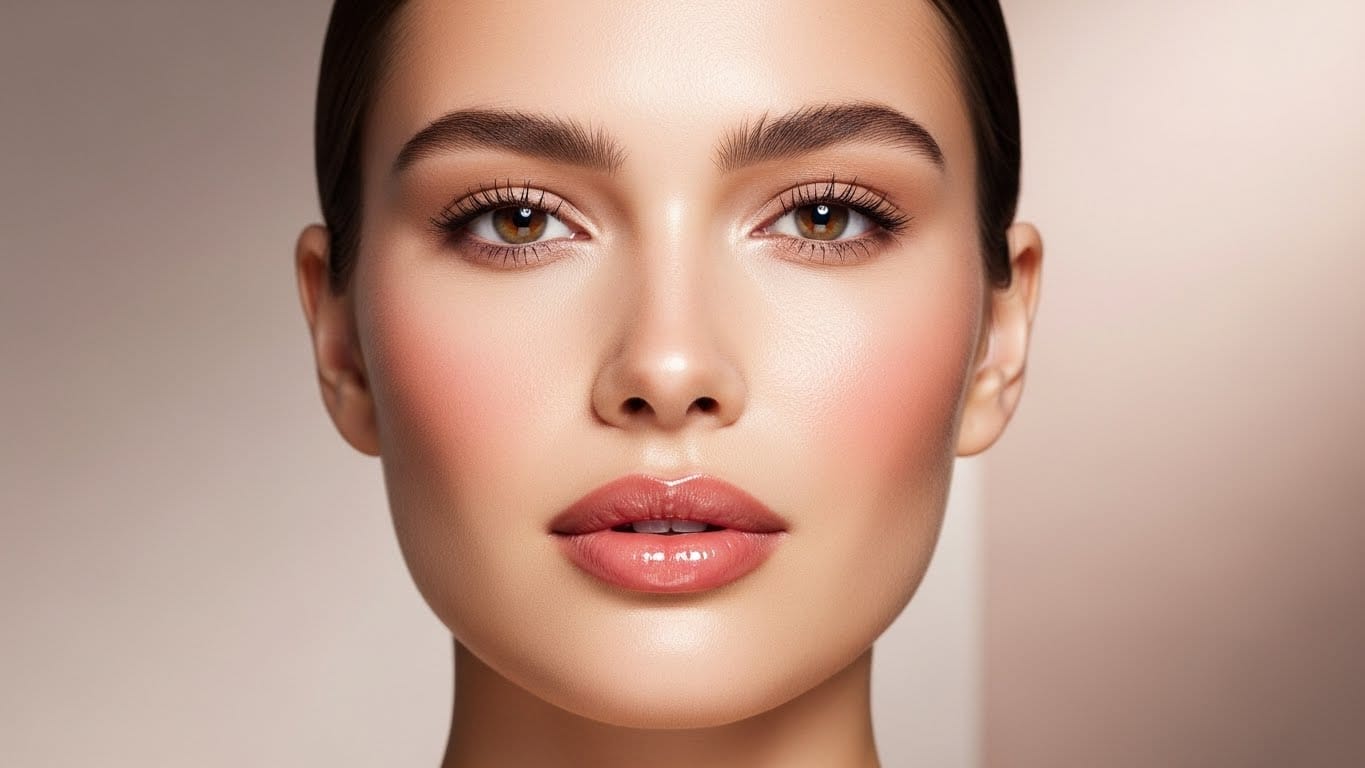 Professional makeup aesthetic look featuring a flawless dewy base and soft-glam eye makeup.